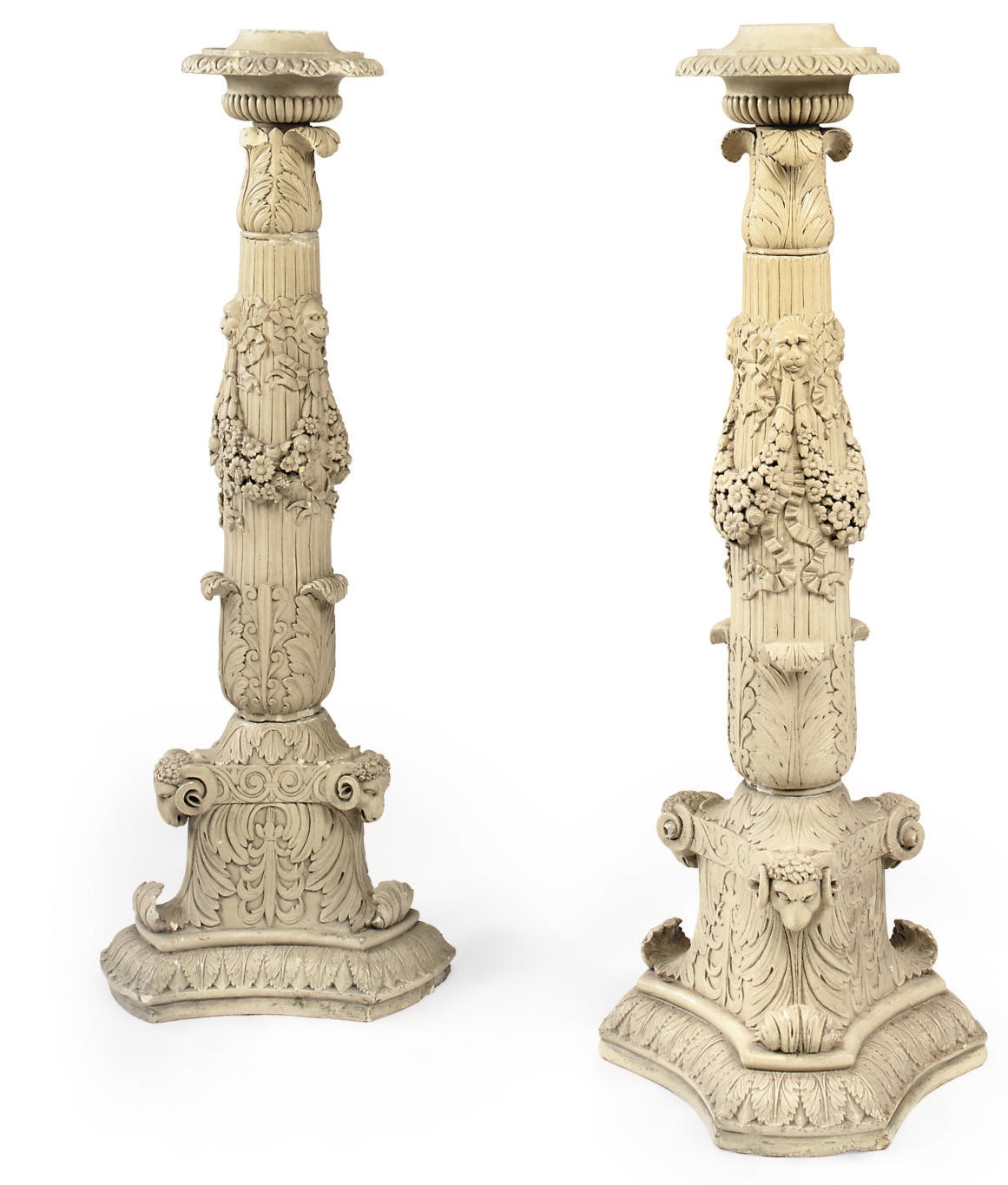 A PAIR OF VICTORIAN COMPOSITION STONE TORCHERES