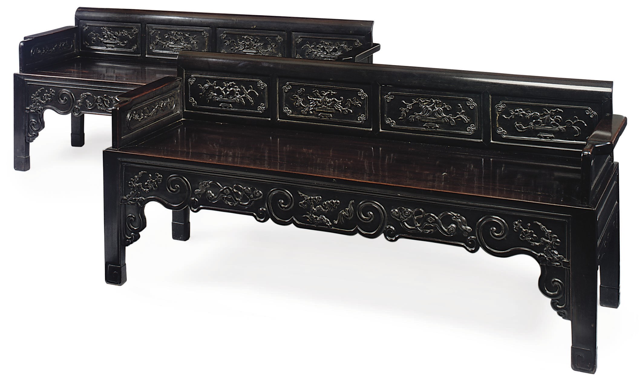 A PAIR OF CHINESE HARDWOOD HALL BENCHES, PROBABLY HUANG-HUALI