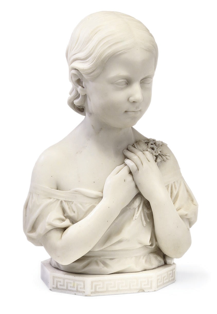 AN ENGLISH WHITE MARBLE THREE-QUARTER LENGTH BUST OF A GIRL