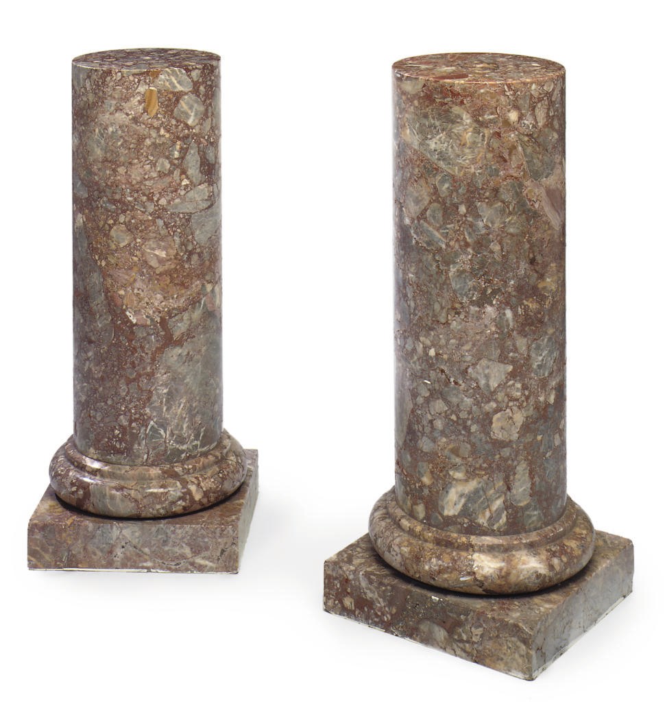 A PAIR OF ITALIAN PINK BRECCIA MARBLE COLUMNS