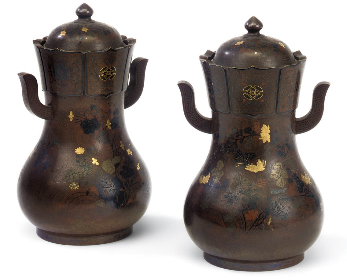 A PAIR OF JAPANESE INLAID BRONZE VASES AND COVERS