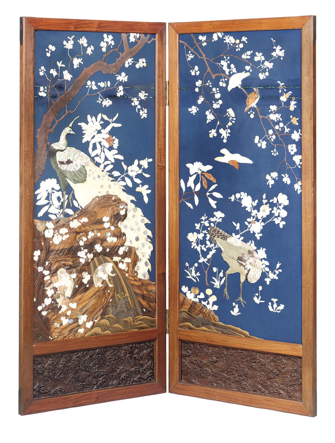 A JAPANESE BLUE-GROUND TWO-FOLD LACQUER SCREEN