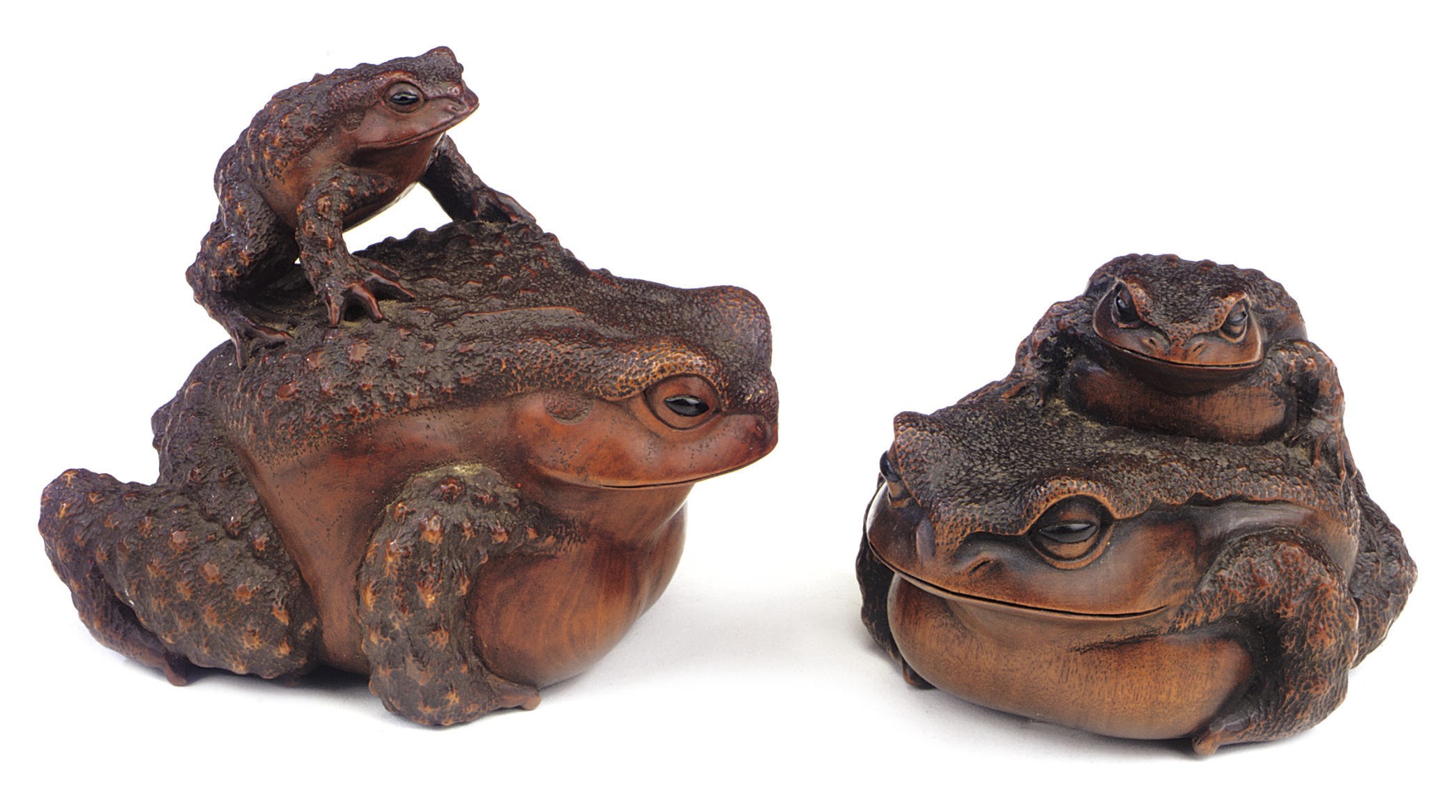 TWO WOOD OKIMONO OF TOADS