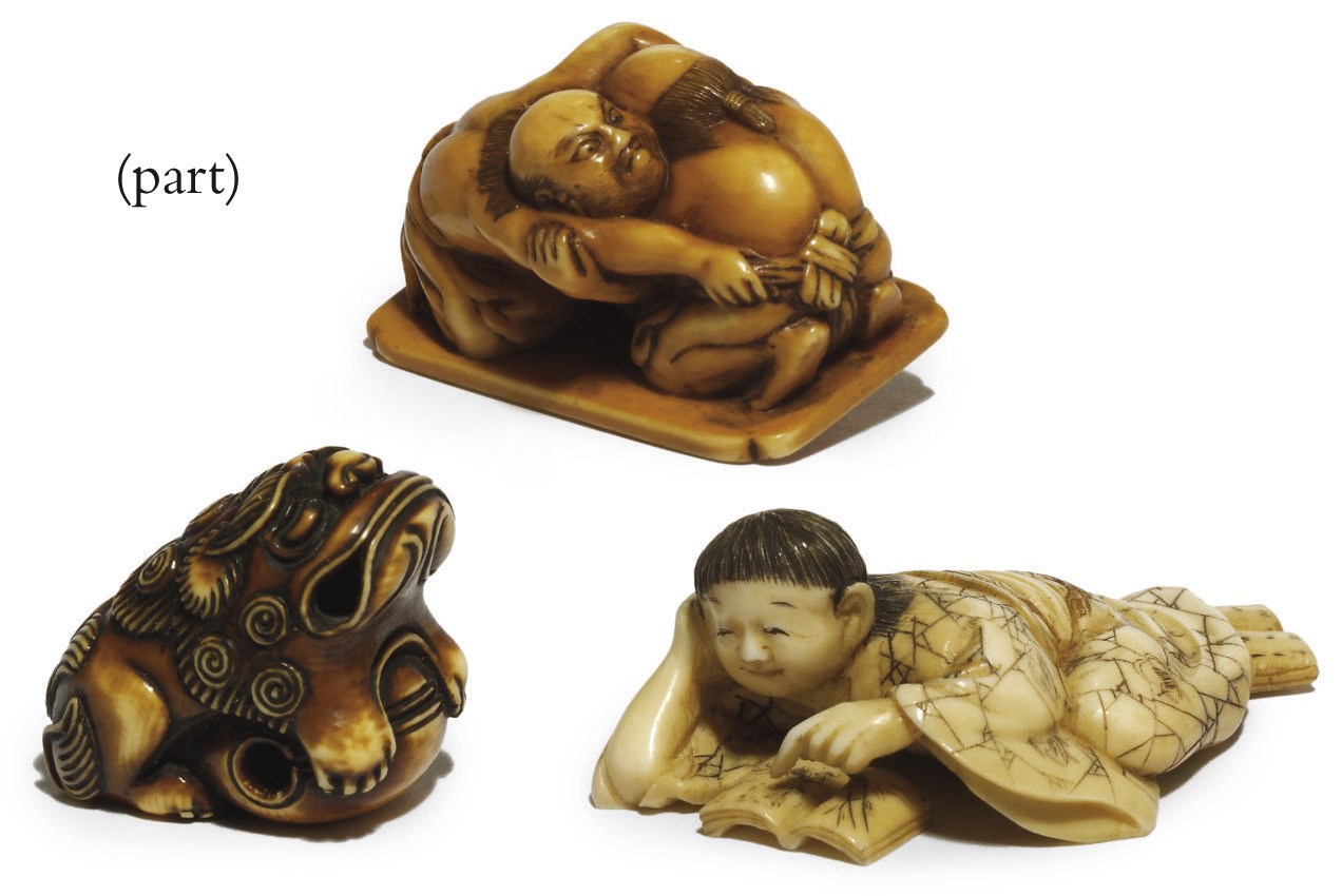 SIX IVORY NETSUKE AND AN OKIMONO