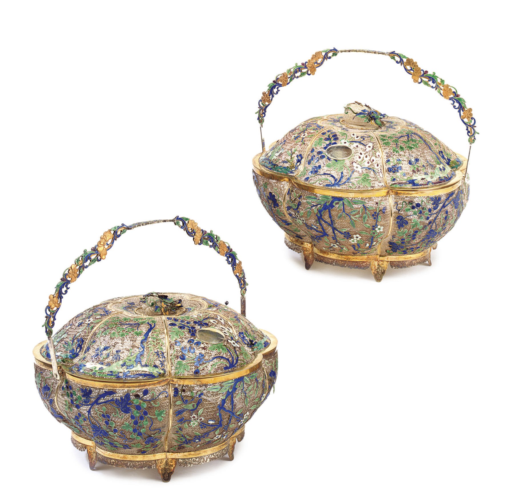 A PAIR OF CHINESE SILVER-GILT AND ENAMEL BASKETS AND COVERS
