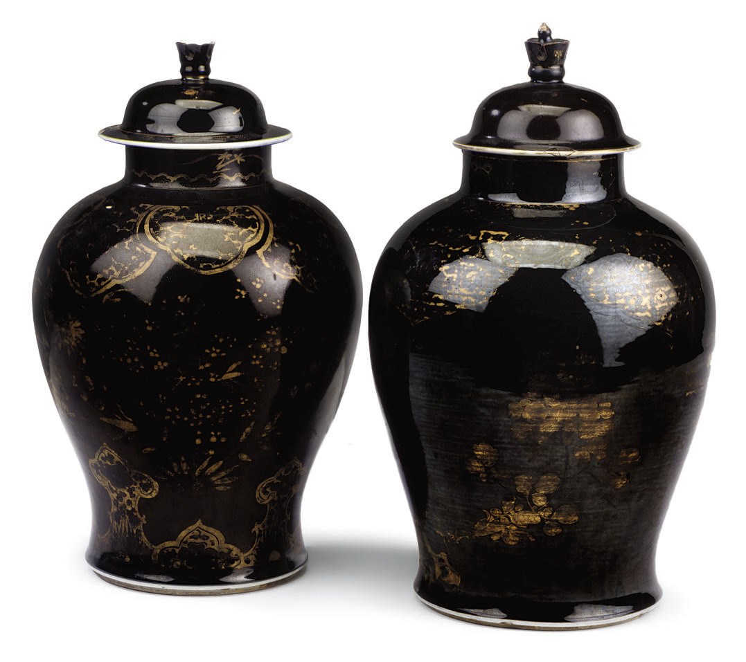A MATCHED PAIR OF CHINESE MIRROR-BLACK AND GILT DECORATED BALUSTER VASES AND COVERS