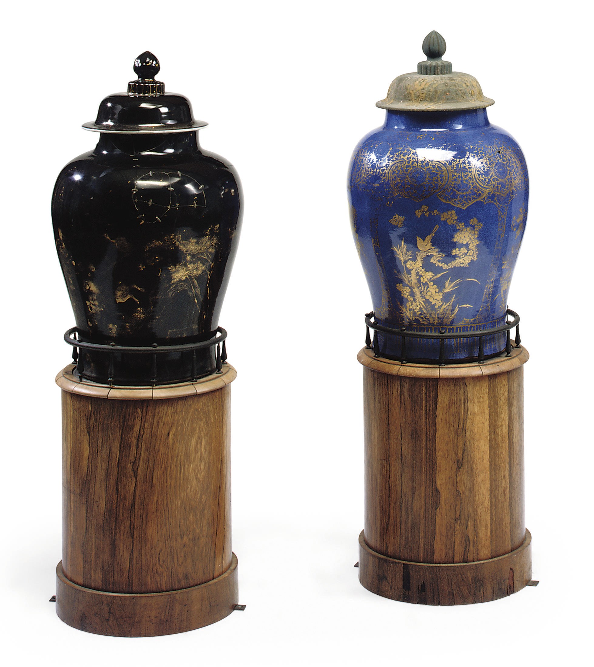 A CHINESE MIRROR-BLACK AND GILT DECORATED BALUSTER VASE AND COVER; AND A POWDER-BLUE AND GILT DECORATED BALUSTER VASE AND COVER
