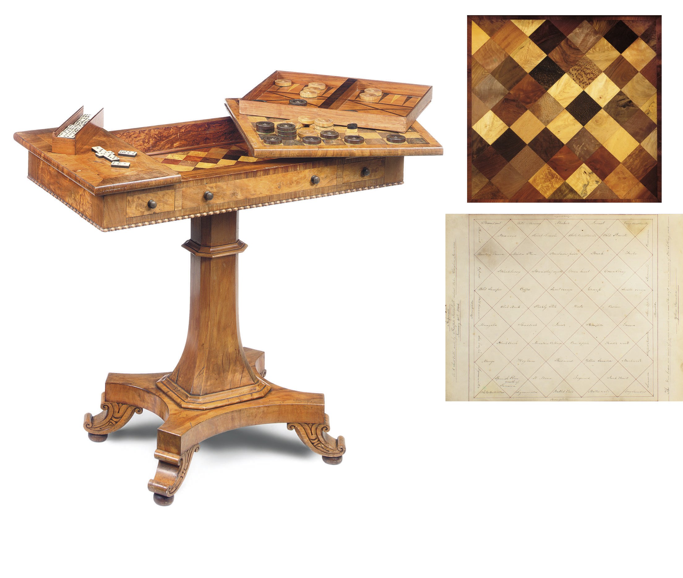 A JAMAICAN SATINWOOD, ROSEWOOD AND SPECIMEN WOOD GAMES TABLE