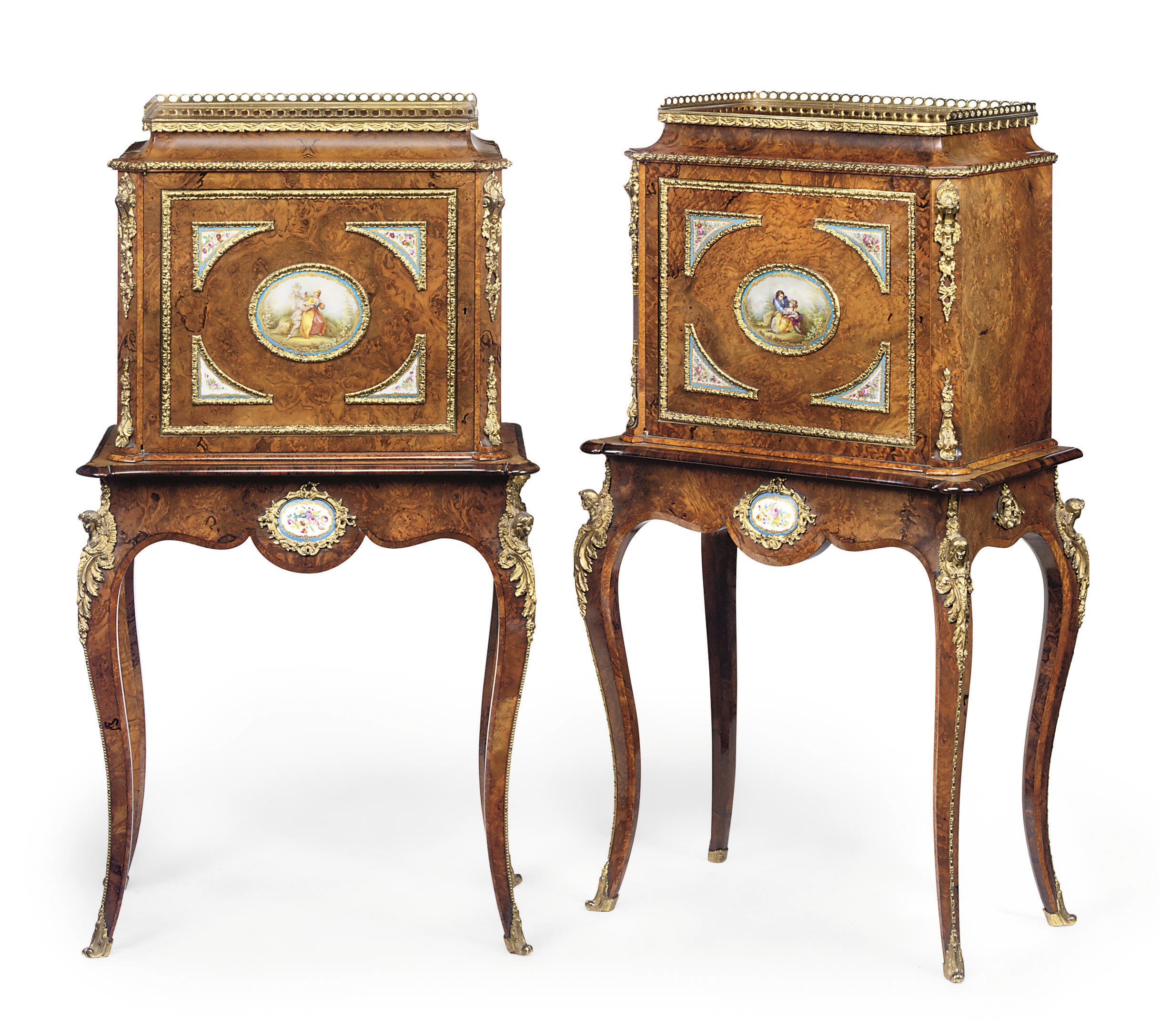 A PAIR OF ENGLISH BURR-WALNUT ORMOLU AND TURQUOISE-GROUND PORCELAIN-MOUNTED CABINETS-ON-STANDS