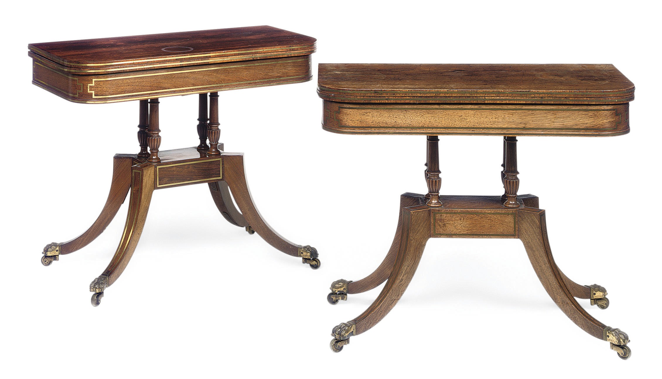 A PAIR OF REGENCY BRASS-INLAID ROSEWOOD SWIVEL-ACTION TEA TABLES