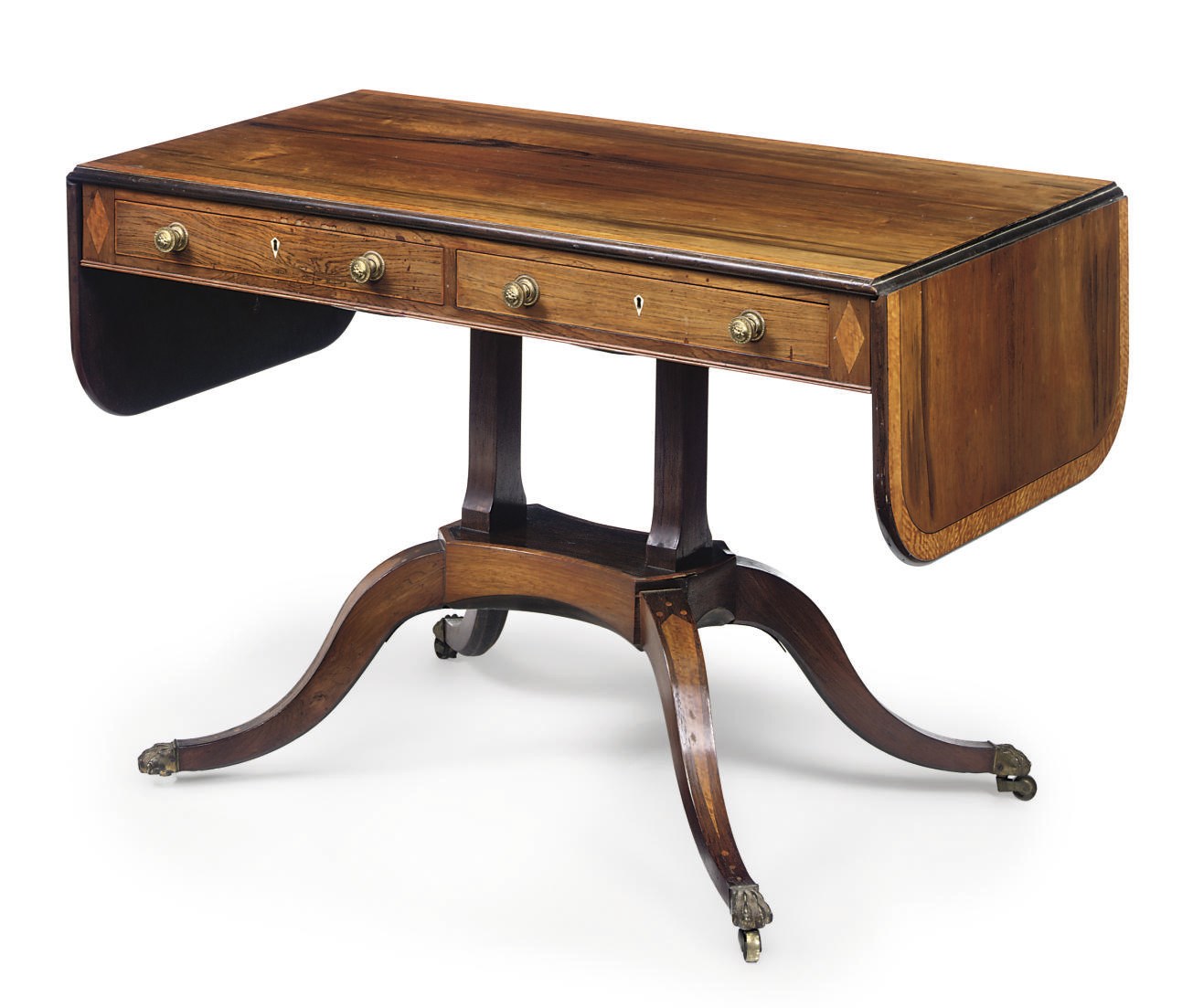 A REGENCY ROSEWOOD AND SATINWOOD CROSSBANDED SOFA TABLE