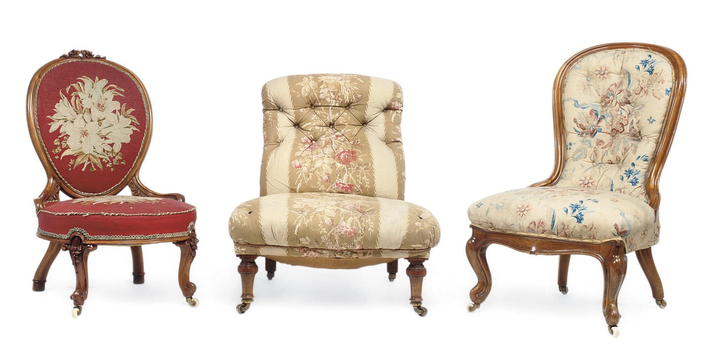 THREE VICTORIAN WALNUT LOW CHAIRS