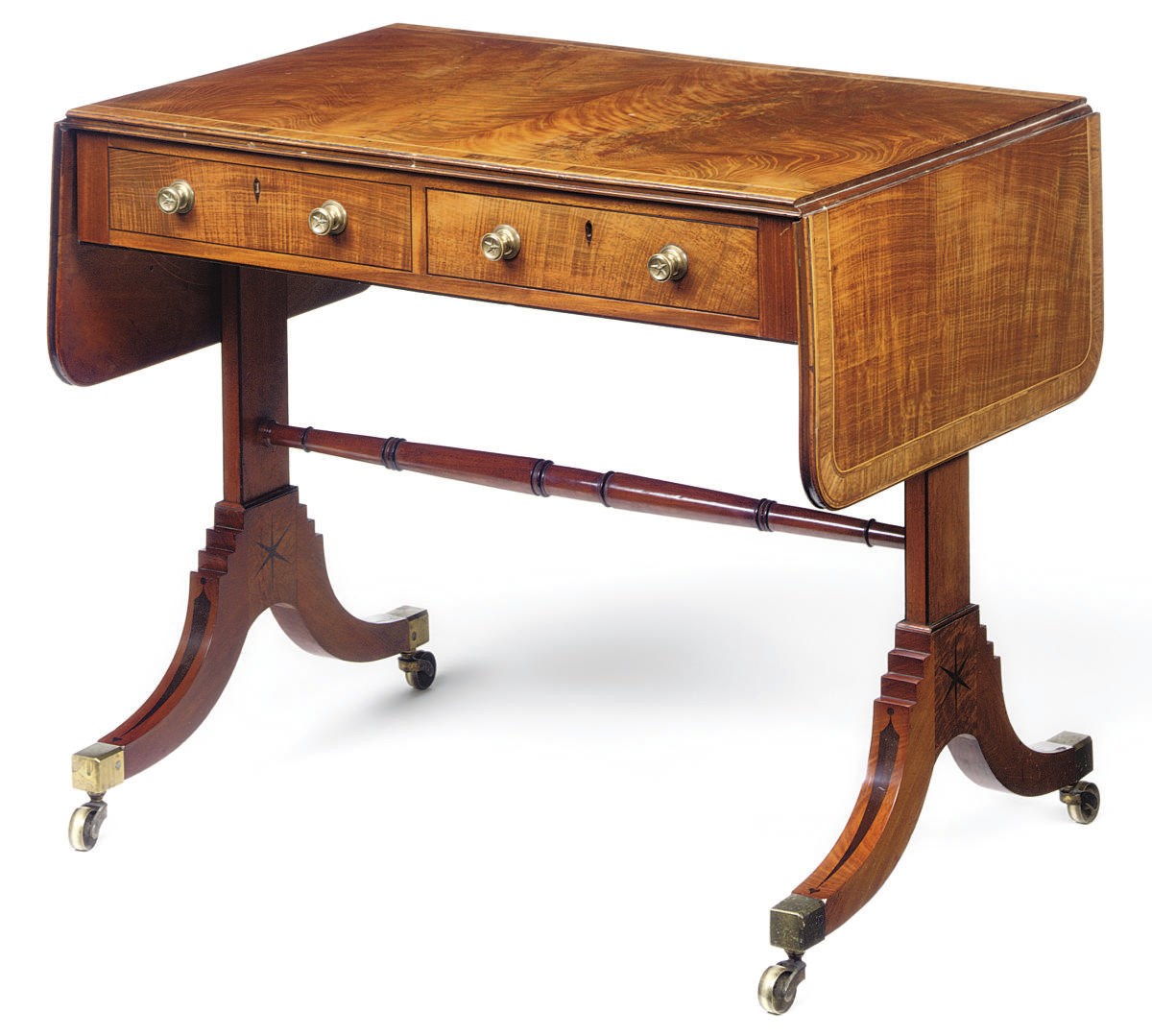 A REGENCY MAHOGANY AND EBONY-INLAID CROSSBANDED SOFA TABLE