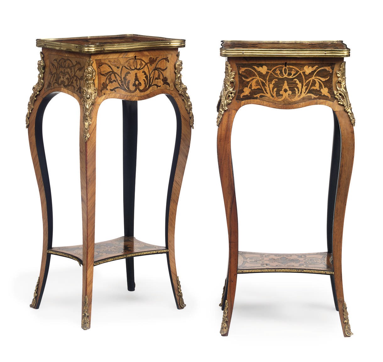 A PAIR OF FRENCH ORMOLU-MOUNTED TULIPWOOD AND ROSEWOOD PREMIÈRE-PARTIE AND CONTRE-PARTIE MARQUETRY WORK TABLES