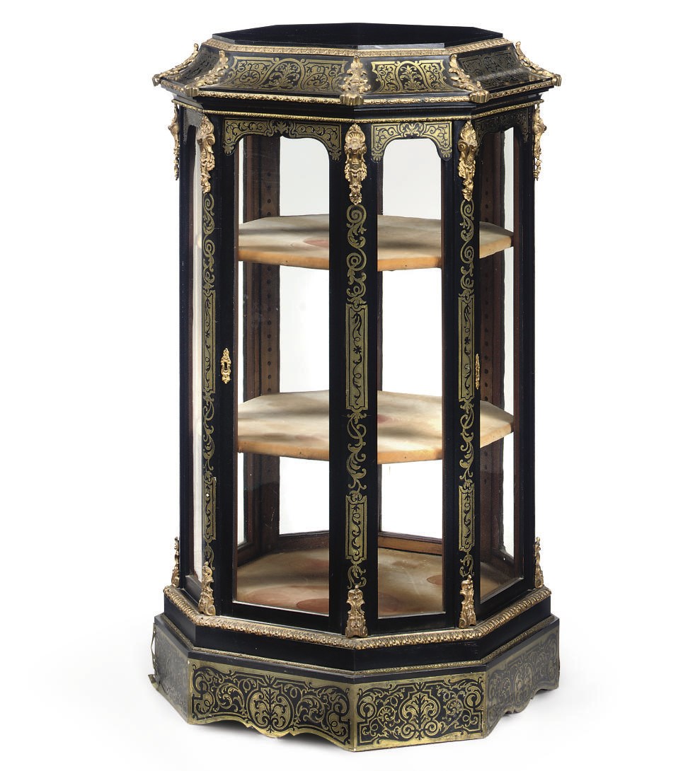 A NAPOLEON III ORMOLU-MOUNTED BOULLE BRASS-INLAID OCTAGONAL VITRINE CABINET