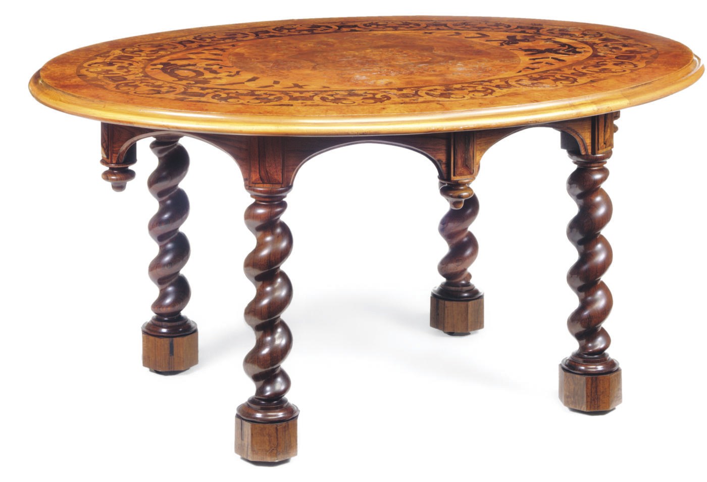 A WILLIAM IV BURR-ELM, ELM, ROSEWOOD AND MARQUETRY OVAL CENTRE TABLE