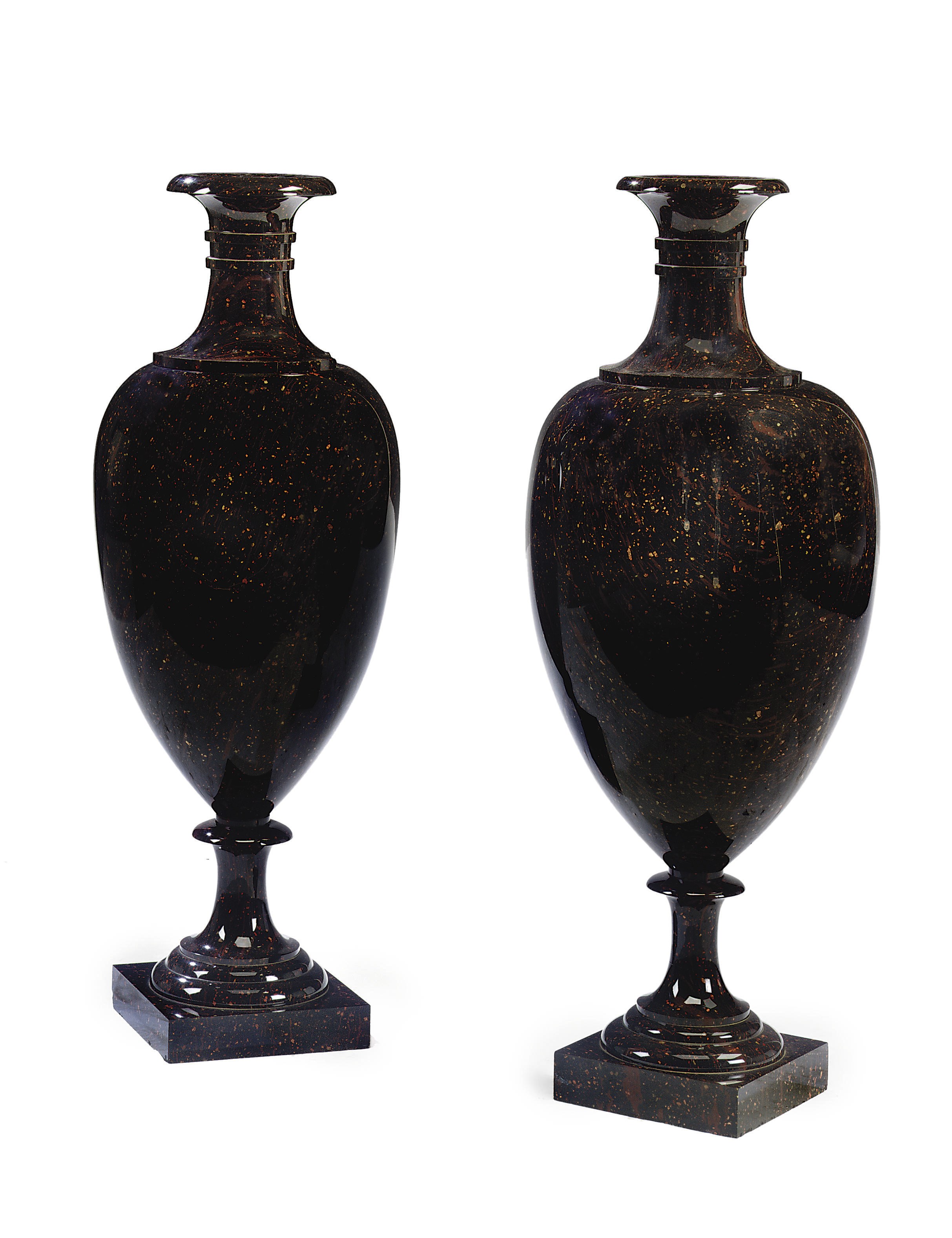 A NEAR PAIR OF SWEDISH PORPHRY ("SVART BLYBERG") VASES