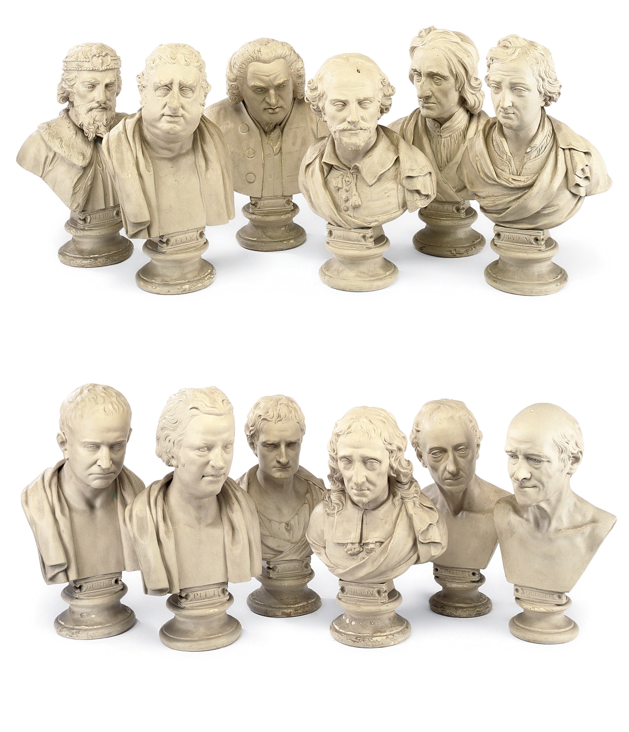 A SET OF TWELVE ENGLISH PAINTED PLASTER BUSTS