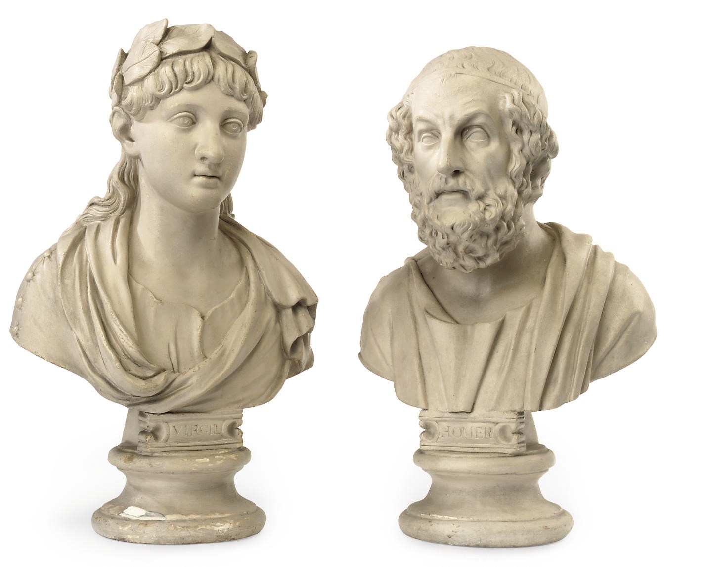 A PAIR OF ENGLISH PAINTED PLASTER BUSTS OF HOMER AND VIRGIL