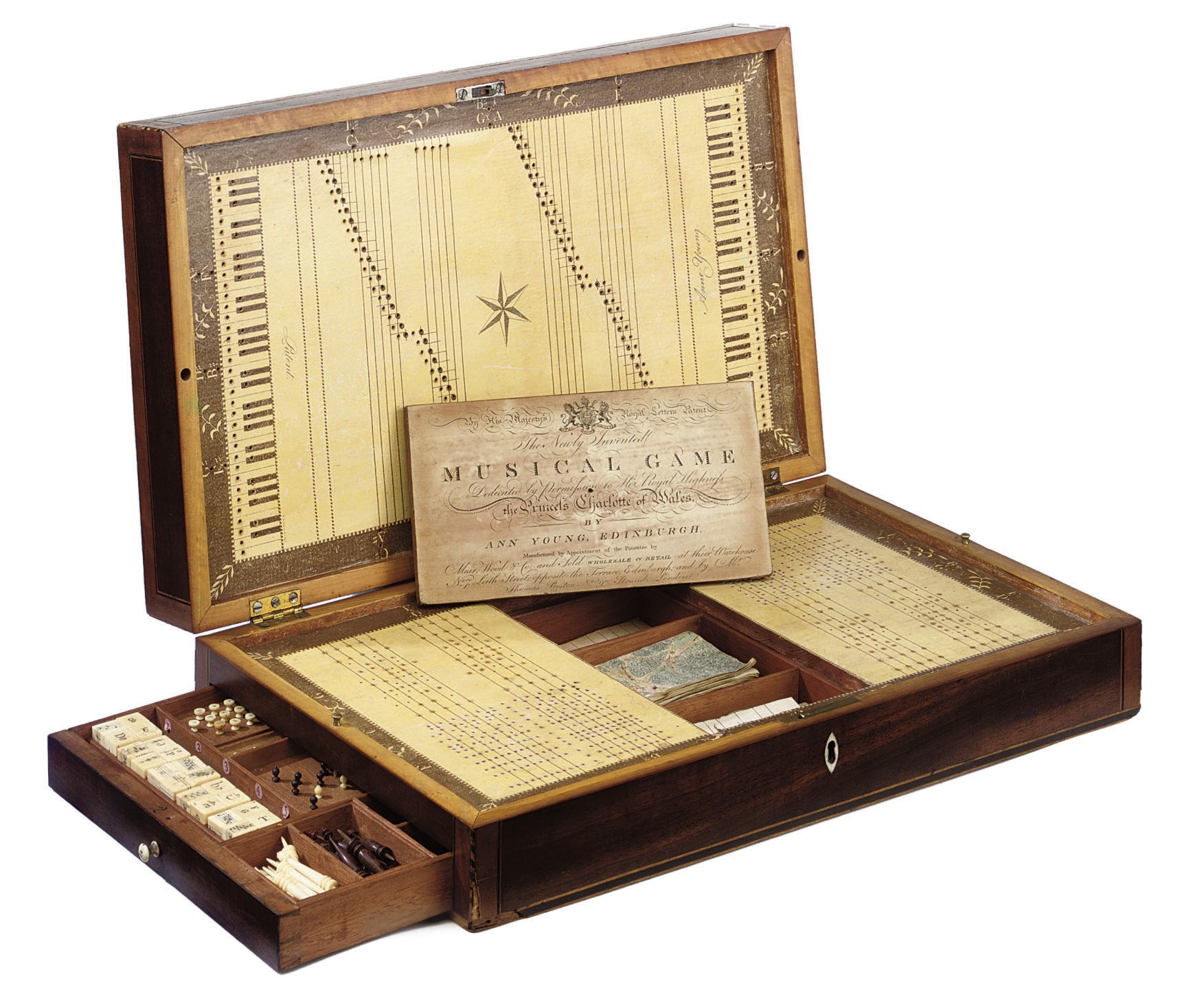 A SCOTTISH GEORGE III PATENT MUSICAL GAMES BOX