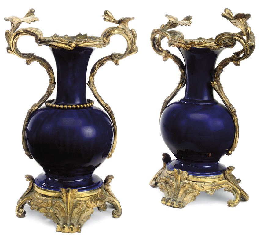 A PAIR OF WILLIAM IV ORMOLU-MOUNTED BLUE PORCELAIN VASES