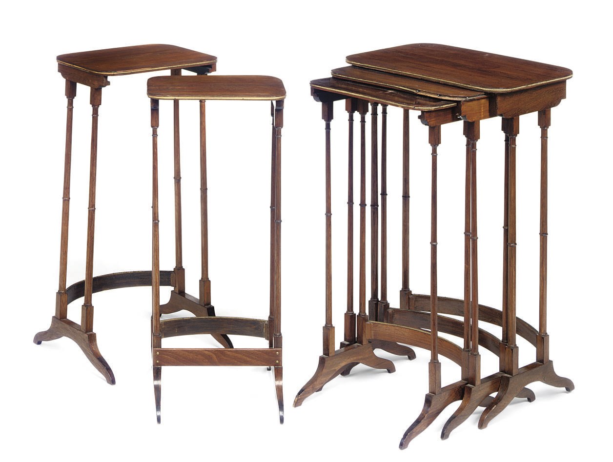 A NEST OF THREE REGENCY ORMOLU MOUNTED ROSEWOOD QUARTETTO TABLES