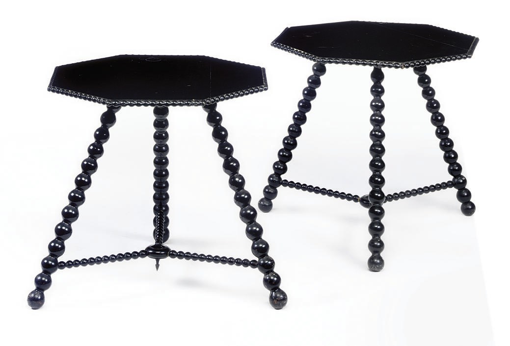 A PAIR OF WILLIAM IV EBONISED AND BOBBIN-TURNED OCCASIONAL TABLES