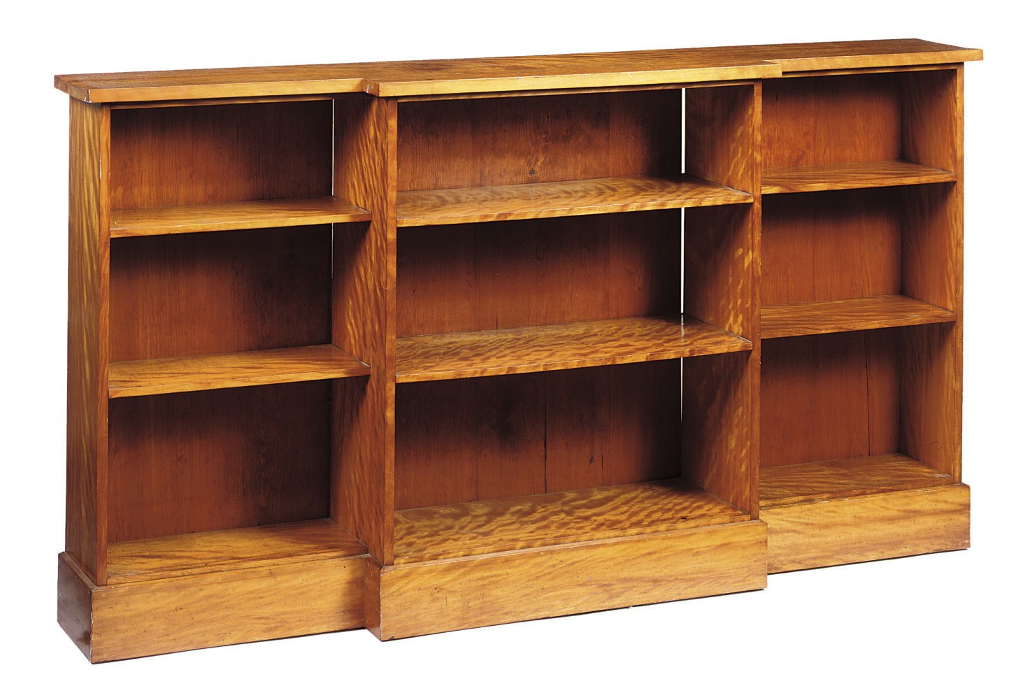 A VICTORIAN SATIN-BIRCH DWARF BREAKFRONT OPEN BOOKCASE