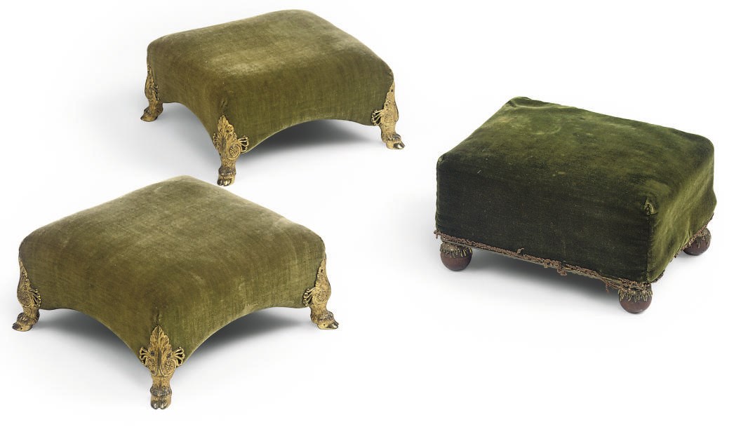 A PAIR OF LATE GEORGE III ORMOLU-MOUNTED GREEN VELVET FOOTSTOOLS