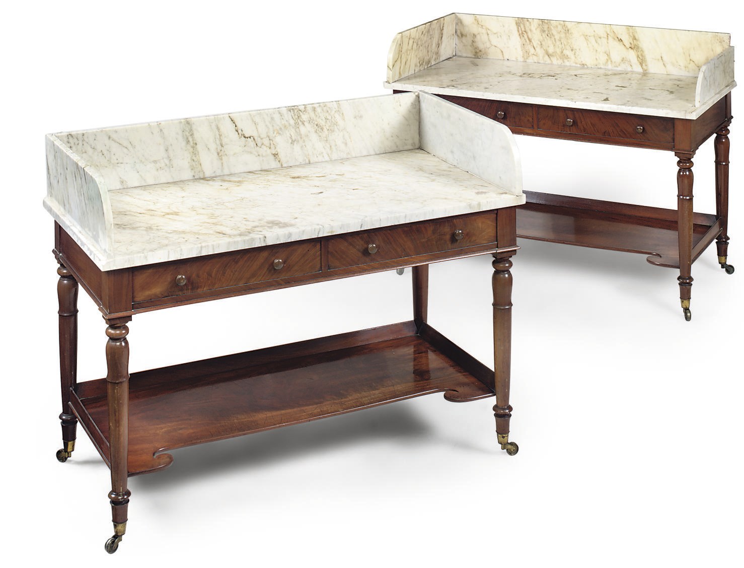 A PAIR OF GEORGE IV MARBLE TOPPED MAHOGANY WASH STANDS