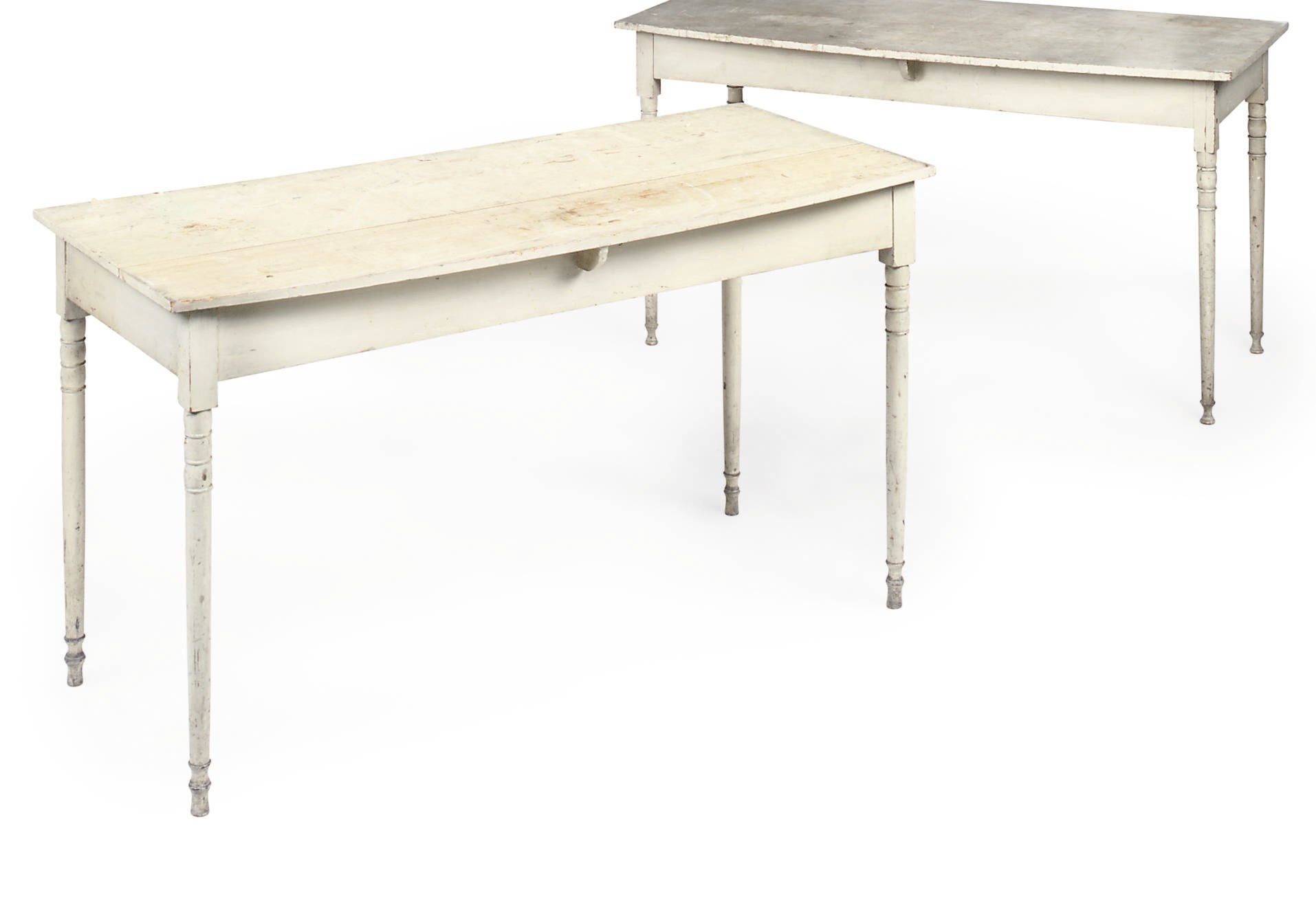 A PAIR OF GEORGE III CREAM AND GREY-PAINTED SIDE TABLES