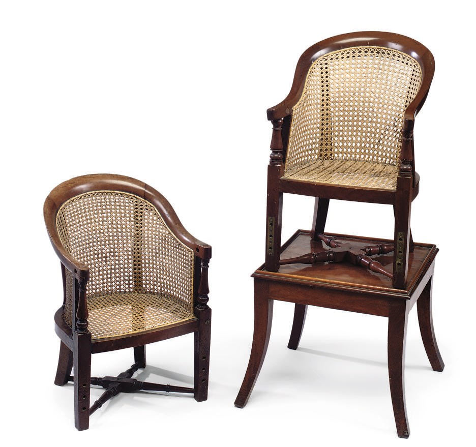 A REGENCY MAHOGANY CANED CHILD'S CHAIR ON STAND