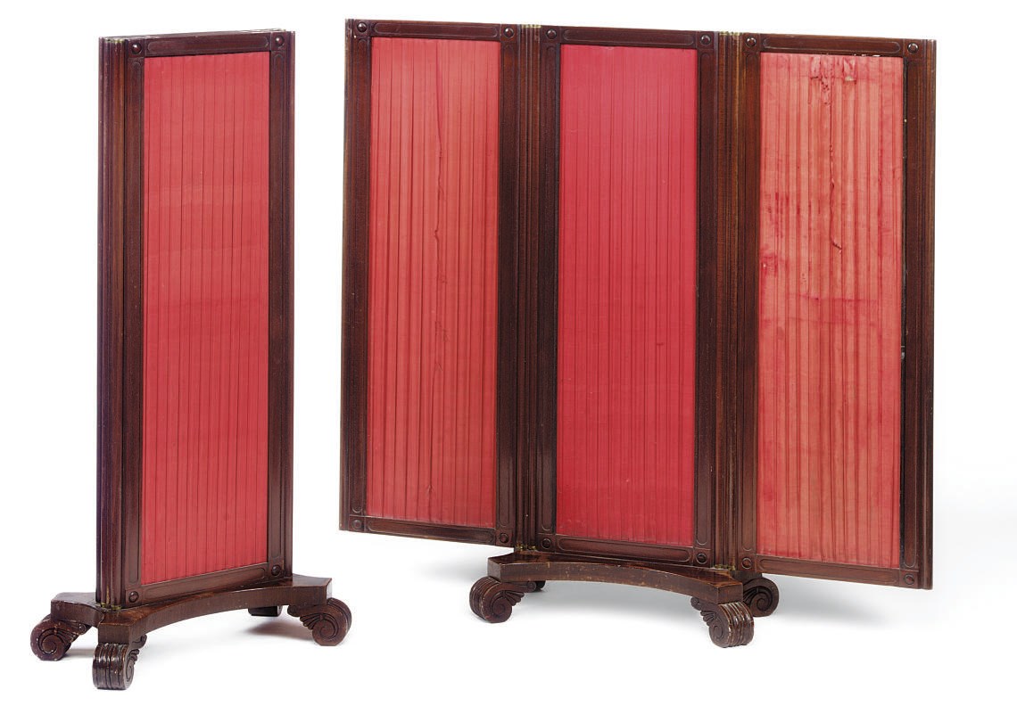 A PAIR OF GEORGE IV THREE-PANELLED RED SILK FIRESCREENS
