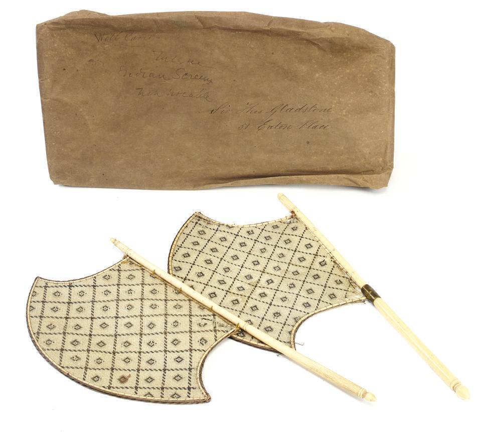 TWO INDIAN WOVEN IVORY AND SILVER COURT FANS