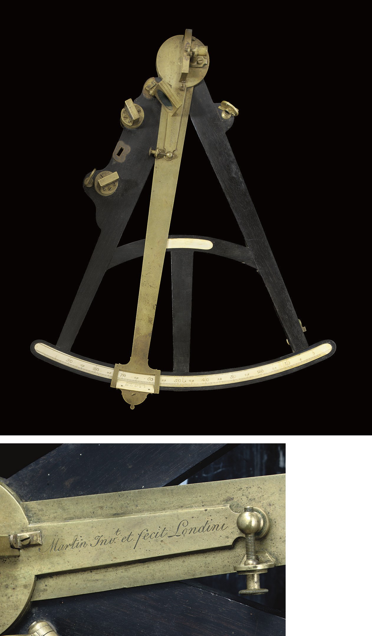 An 18th-century ebony, brass and ivory octant