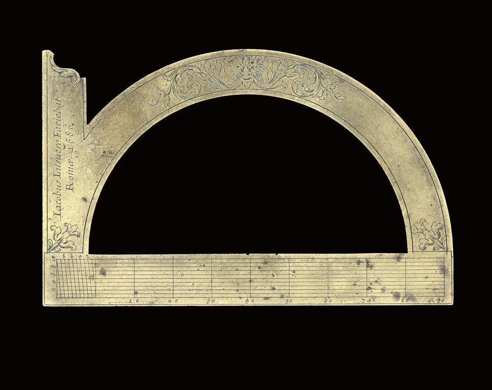 A rare Italian 17th-century brass protractor-square