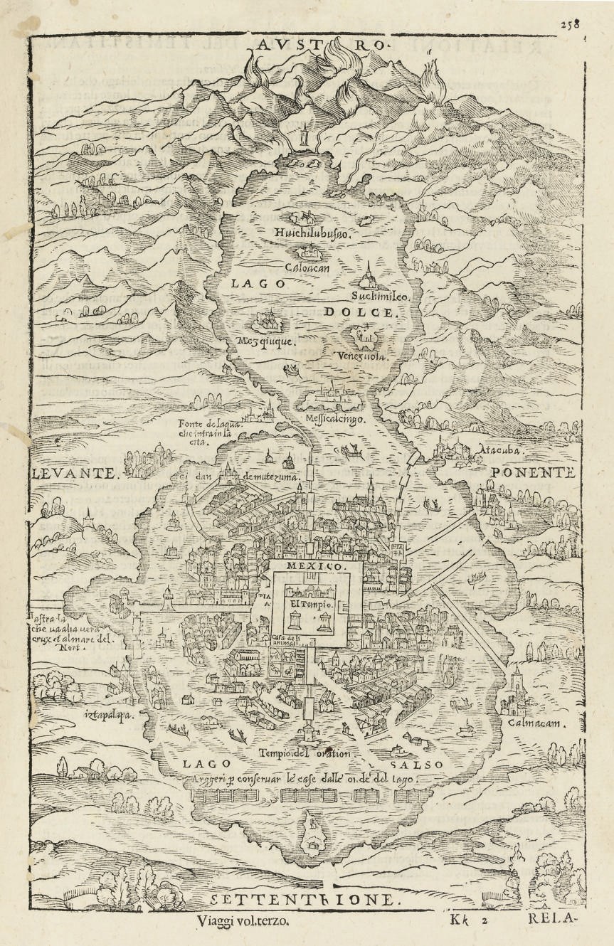RAMUSIO, Giovanni Battista (1485-1557).  Delle Navigationi et Viaggi. Venice: Appresso i Giunti, 1613-1574 [but colophon 1573] -1565. 3 volumes, 2° (296 x 210mm). Woodcut ornaments on titles, small initials, 15 full- or double-page plans and plates including single hemispherical map at the end of vol. III, illustrations in the text (vol. one lacking the 3 copperplate maps, some repairs occasionally with slight loss including to a few plans and plates, some mainly marginal worming but occasionally with slight loss, some staining, spotting and light browning). 19th-century speckled panelled calf (rubbed and scuffed, new endpapers). Vol. one a sixth edition, vol. II and vol. III second editions. Brunet IV, 1100; Sabin 67735, 67737, 67741. Sold not subject to return.	 (3)
