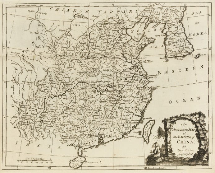 FENNING, Daniel.  A New System of Geography: or, a General Description of the World. London: S. Crowder, 1764. 2 volumes, 2° (352 x 230mm). Engraved frontispiece, twin-hemisphere world map, 28 engraved maps, many folding, and 27 plates (some light spotting and staining). Contemporary calf (joints split, rubbed and lightly stained). Provenance: Carrier Thompson (armorial bookplate).	 (2)