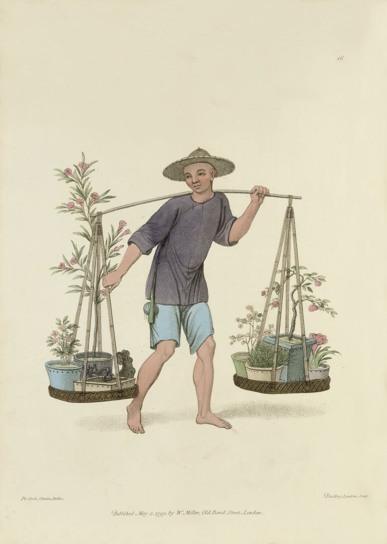 MASON, George Henry.  The Costume of China. London: W. Miller, 1800. 4° (356 x 260mm). Text in English and French, 60 hand-coloured aquatint plates (plates offset onto text, occasional light spotting and staining). Contemporary red straight-grained morocco decorated in gilt and blind, gilt edges (extremities rubbed, a few scuff marks, some ink staining). Provenance: C. Robert Bignold (modern armorial bookplate). Abbey Travel 533.