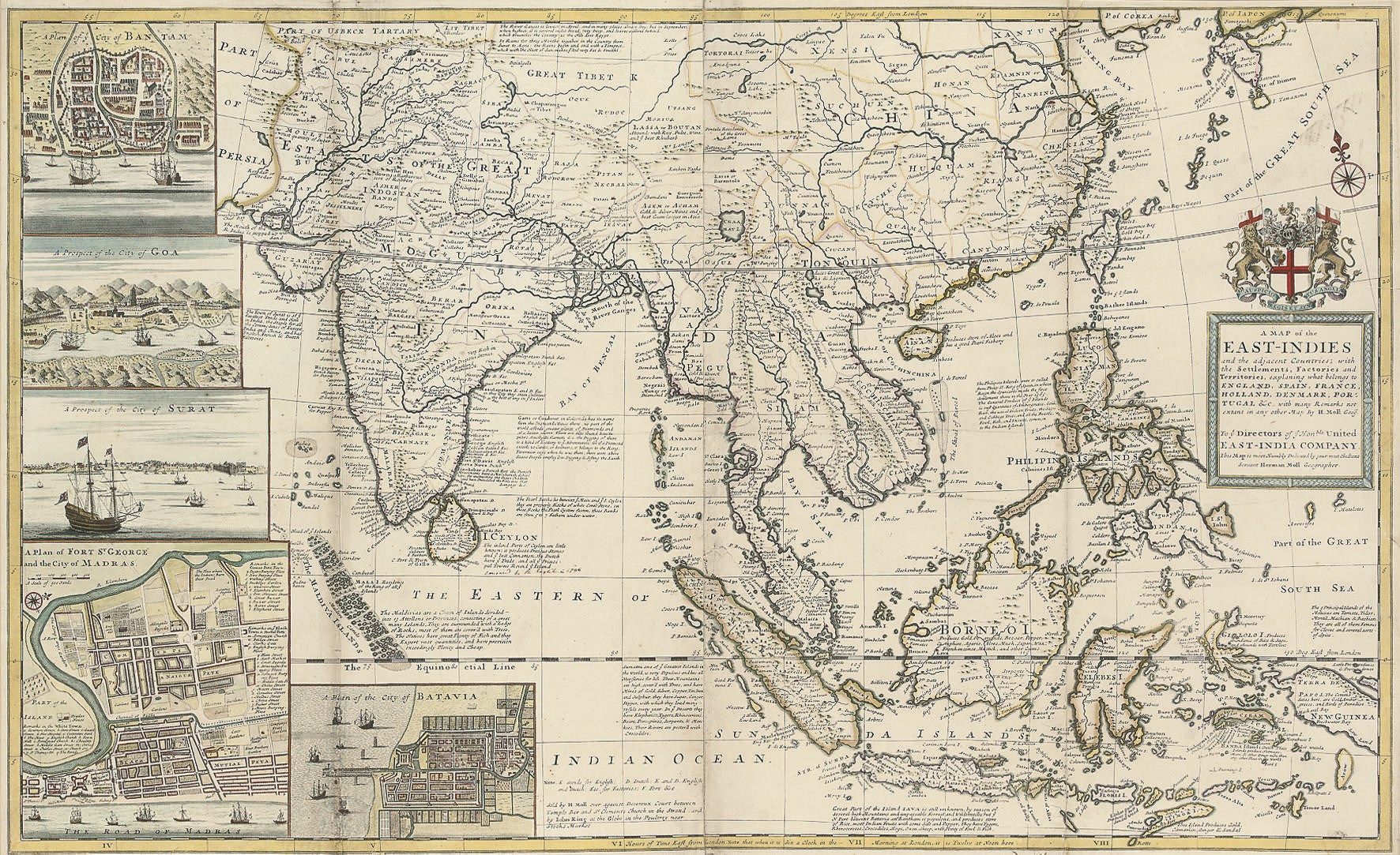 MOLL, Herman (d.1732).  A Map of the East-Indies and the adjacent Countries; with the Settlements, Factories and Territories, explaning [sic] what belongs to England, Spain, France, Holland, Denmark, Portugal &c. with many Remarks not extant in any other Map. [London:] H. Moll, [c.1720]. Fine large and highly decorative hand-coloured engraved map of south-east Asia including China, Taiwan and part of Japan on 2 sheets, joined, title panel surmounted by Royal coat-of-arms, inset views of Goa and Surat, inset plans of Bantam, Fort St. George and Madras, and Batavia (some light staining mainly at join, a few short repaired tears, some minor marginal worming), 605 x 1,010mm., framed and glazed.