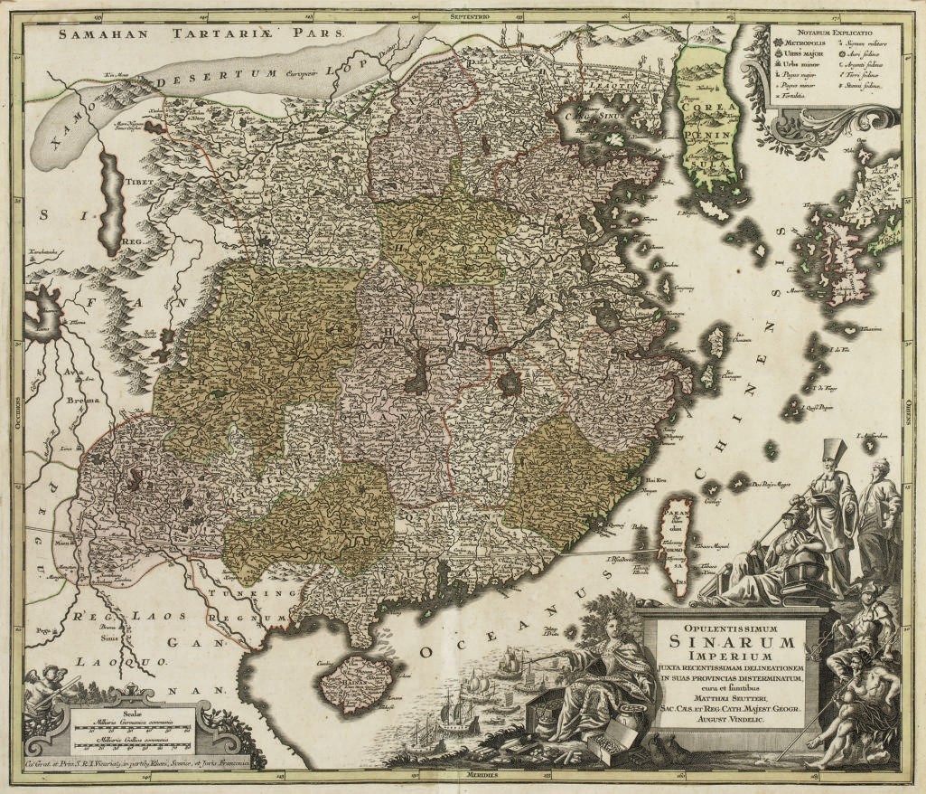 SEUTTER, Georg Matthaeus (1678-1756). Opulentissimum Sinarum Imperium. Augusburg: c.1730. Hand-coloured engraved map of China, title in architectural cartouche supported by figures, scales in baroque cartouche, 502 x 583mm.