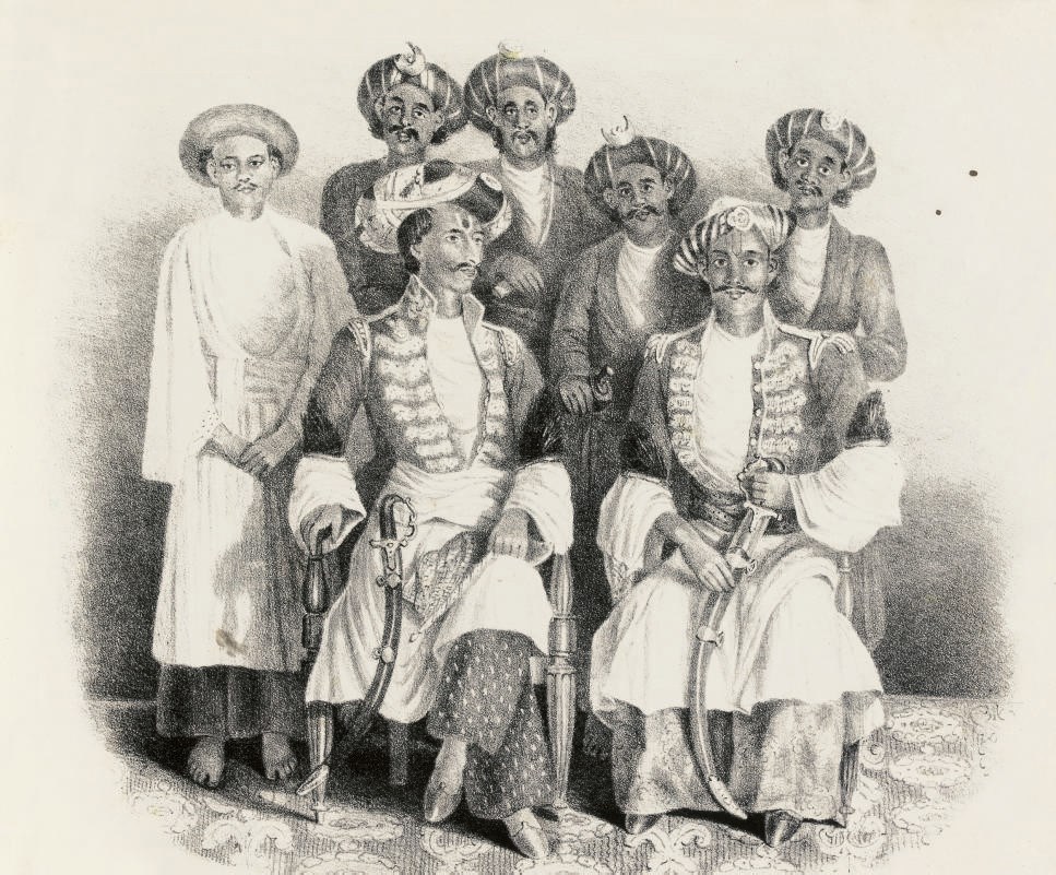D'OYLY, Charles (1781-1845).  57 mounted lithographed plates after Charles D'Oyly, including a duplicate, one hand-coloured, from the Behar Amateur Lithographic Press, Patna, and T. Black's Asiatic Lithographic Press (one plate waterstained, a few light spots ), c.1830. Oblong 4° (228 x 280mm). Contained in a contemporary red half roan album, gilt spine (corners rubbed). Provenance: Flora Anne Gilbert, Exeter 1843 (signature on front free endpaper); "Very early lithographic drawings 1826-1829 ... 1823" (inscription).