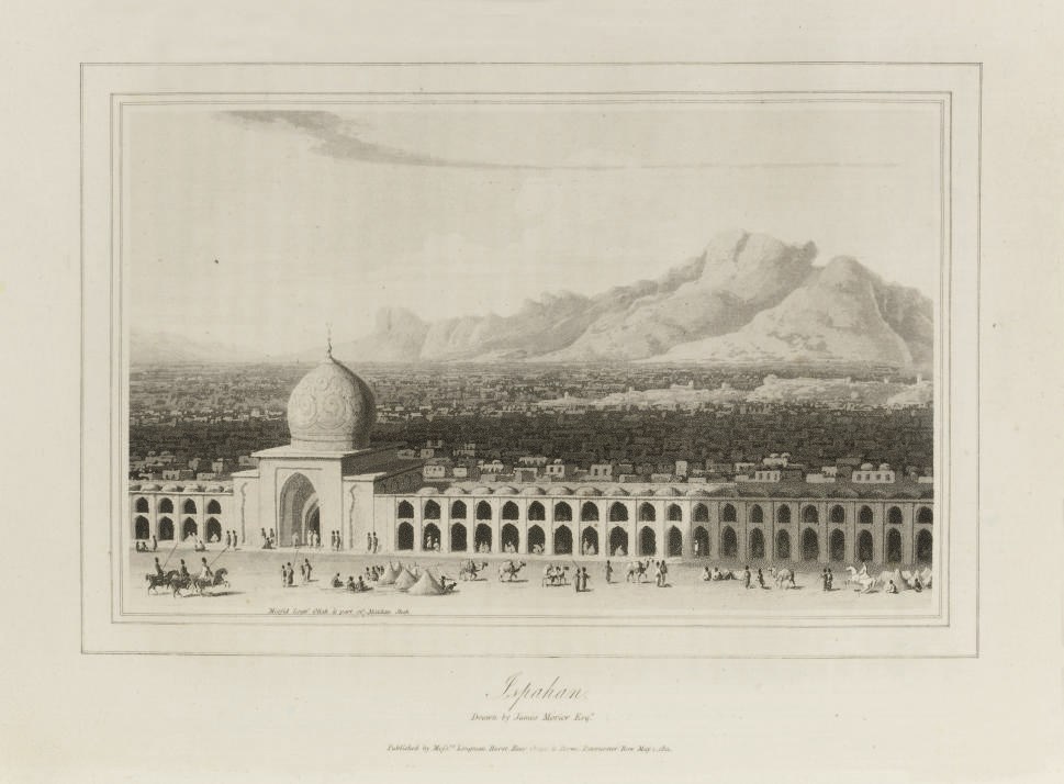 MORIER, James Justinian (?1780-1849).  A Journey through Persia, Armenia, and Asia Minor, to Constantinople, in the Years 1808 and 1809. London: Longmman, Hurst, Rees, Orme, and Brown, 1812. 4° (290 x 232mm). 26 plates, mostly aquatints, 3 folding engraved maps (title and maps spotted, occasional mostly marginal staining, some light browning). Contemporary half calf gilt, spine with red morocco lettering-piece (rubbed and scuffed). Provenance: AUTHOR'S COPY, SIGNED "J. MORIER" ON TITLE (cropped); monogram of Clive Coates on front pastedown; later inscriptions on front free endpaper: "Morier's own copy." FIRST EDITION. Abbey Travel 357: "The engravings are of good quality but there appears to be no reference in the book to the engraver"; Atabey 836; Ghani p.266; Weber I, 26.