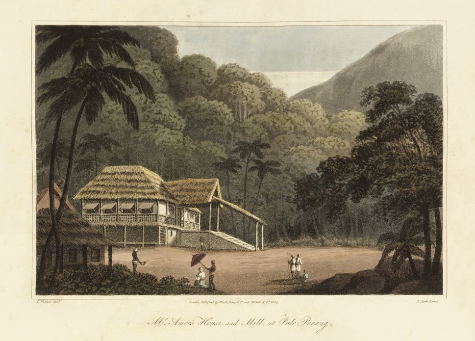 WATHEN, James.  Journal of a Voyage, in 1811 and 1812, to Madras and China; returning by the Cape of Good Hope and St. Helena. London: for J. Nichols, son and Bentley; Black, Parry & Co., 1814. 4° (265 x 216mm). 24 hand-coloured aquatints (text lightly spotted throughout, margins of plates very lightly browned). Contemporary calf (front cover detached, joints broken on rear cover but cords firmly holding, marks of adhesive tape on covers along joints, rubbed and scuffed). FIRST EDITION. Abbey Travel 517; Gay 1063.