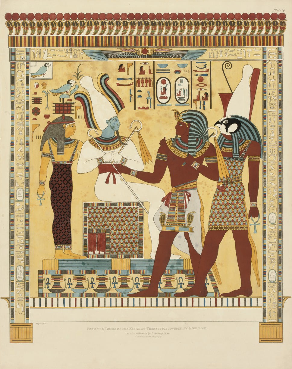 BELZONI, Giovanni Battista (1778-1823).  Narrative of the Operations and Recent Discoveries within the Pyramids, Temples, Tombs, and Excavations in Egypt and Nubia; and of a Journey to the Coast of the Red Sea, in Search of the Ancient Berenice; and another to the Oasis of Jupiter Ammon. London: John Murray, 1821 [atlas vol. dated 1820]. 2 volumes including 4° text vol. (270 x 215mm) and 2° atlas (620 x 490mm). Text vol.: Lithographed portrait, folding engraved map, plate (map torn and stained, occasional light spotting and staining). Contemporary calf (worn, covers detached, rubbed). Atlas vol.: 44 plates on 32 sheets, most hand-coloured lithographs, one folding, 2 full-page maps (occasional very light mainly marginal spotting and browning). Original grey paper boards, printed label on upper cover (rather worn, covers detached). Second edition. Abbey Travel 268; Blackmer 116; Brunet I, 764; Hilmy I, 61. Not in Weber. The first edition was published in 1820.	 (2)