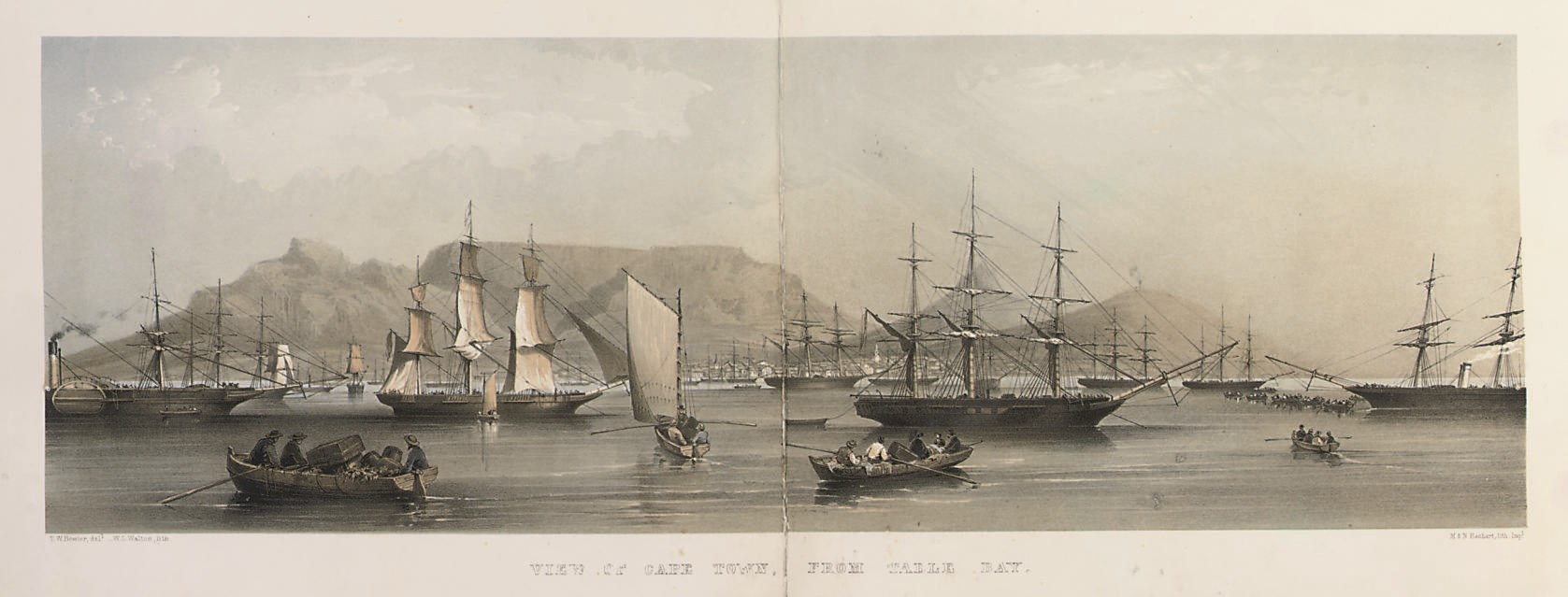 BOWLER, Thomas William Bowler (1812-69).  Pictorial Album of Cape Town, with Views of Simon's Town, Port Elizabeth, and Graham's Town. From Original Drawings ... with Historical and Descriptive Sketches by W. R. Thomson. Cape Town: J. C. Juta, 1866. Oblong 4° (280 x 365mm). Folding tinted lithographed panorama and 11 plates by M. & N. Hanhart after Thomas William Bowler (plates with occasional light marginal spotting, and light damp-stain in the gutter, a very few small repairs in the margins, the panorama lined and with some wear in the bottom margin, some gutters strengthened). Original green cloth ruled and lettered in gilt and blind (re-backed and re-hinged, some repairs to the covers, new blanks). Provenance: signature on title.