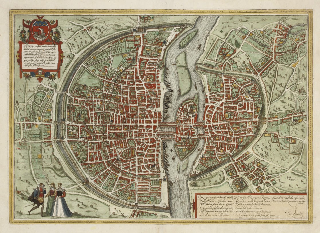 BRAUN, Georg (1541-1622) & Frans HOGENBERG (c.1536-88).  Lutetia, vulgari nomine Paris. [Cologne: c.1572]. Hand-coloured woodcut bird's-eye-view of Paris, title cartouche surmounted by the arms of Paris, 3 costumed figures in lower left corner, German text on verso with initial, 342 x 484mm. The map is oriented from east to west.