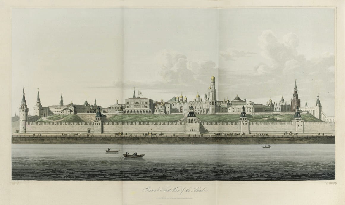 LYALL, Robert (d. 1831).  The Character of the Russians, and a Detailed History of Moscow. London: T. Cadell, 1823. 4° (270 x 220mm). Half title, hand-coloured aquatint frontispiece and 22 engraved and aquatint plates, 11 hand-coloured, a few folding, folding engraved plan of Moscow (occasional spotting to text). Contemporary half calf, spine gilt (some rubbing and scratching to covers). Provenance: Mark Dineley (armorial bookplate); Markree Library (label). Abbey Travel 227.
