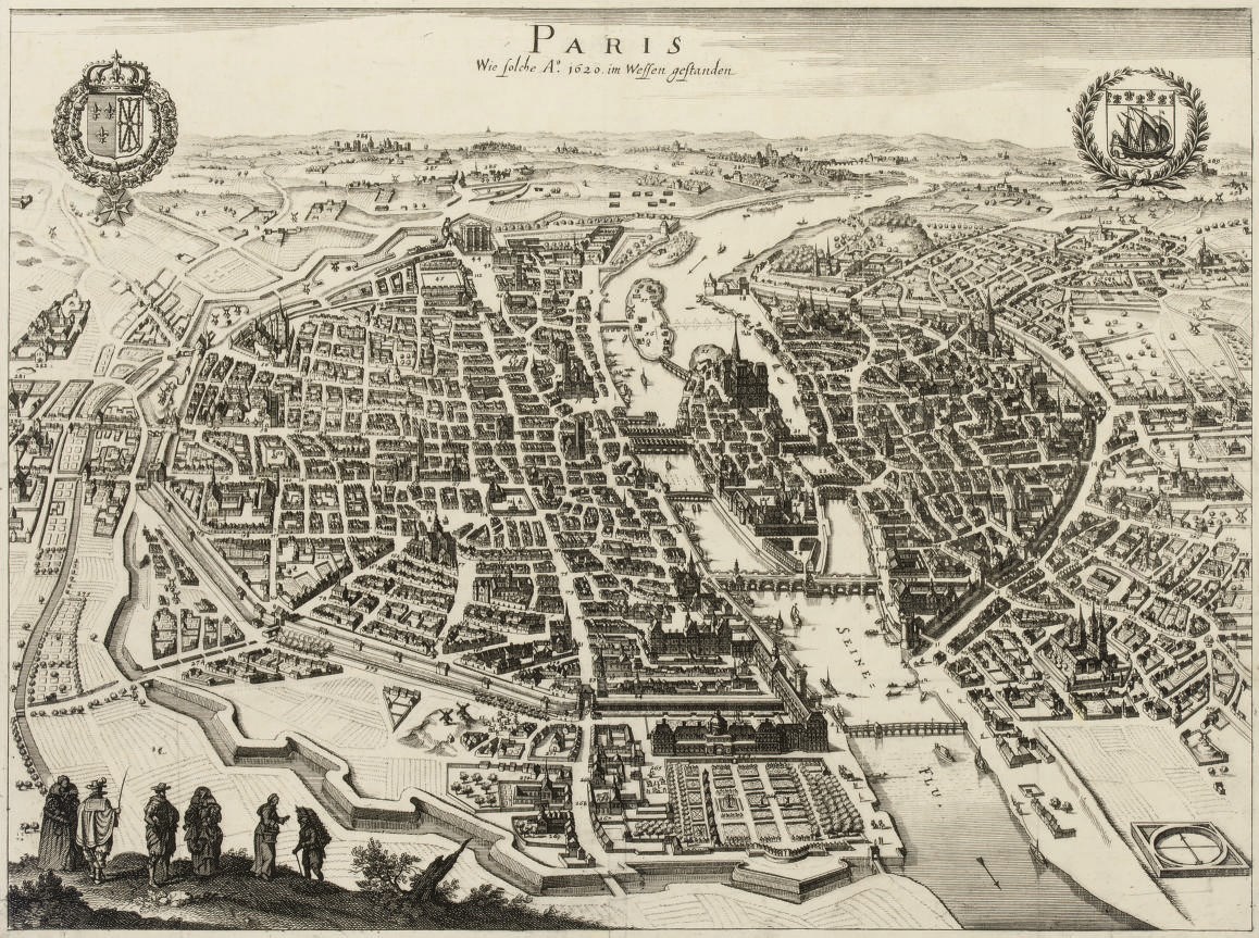[MERIAN, Matthaus (1593-1650)].  Paris Wie Solche A° 1620 im Wessen gestanden. [?Frankfurt: c.1655]. Fine engraved bird's-eye-view of Paris, Royal coat-of-arms and Paris coat-of-arms, 6 costumed figures in lower left hand corner, orientated from east to west, blank on verso, 337 x 460mm.