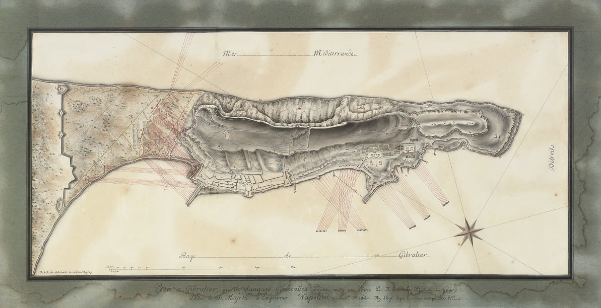 ROCHE, A. H.  "Plan de Gibraltar, avec les Attaques Géneralles Projectée contre cette Place, par A. H. Roché, Adjutant du Guerre, Dedié a Sa Majesté l' Empereur Napoléon. An. 12." [ie. 1804]. No place. Highly detailed manuscript map of Gibraltar in pen, ink and watercolour with the defences and fortifications numbered in red [without key], compass rose, ships with cannon trajectories ruled in red (some light browning, some waterstaining to mount affecting manuscript title), 282 x 625mm., framed and glazed.